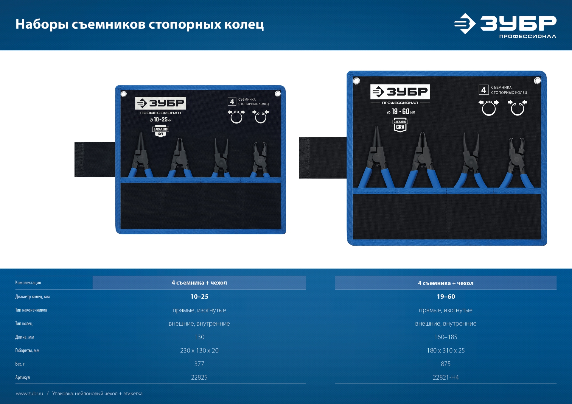 ЗУБР 4 шт, 180 мм, набор съемников стопорных колец, Профессионал (22821-H4)