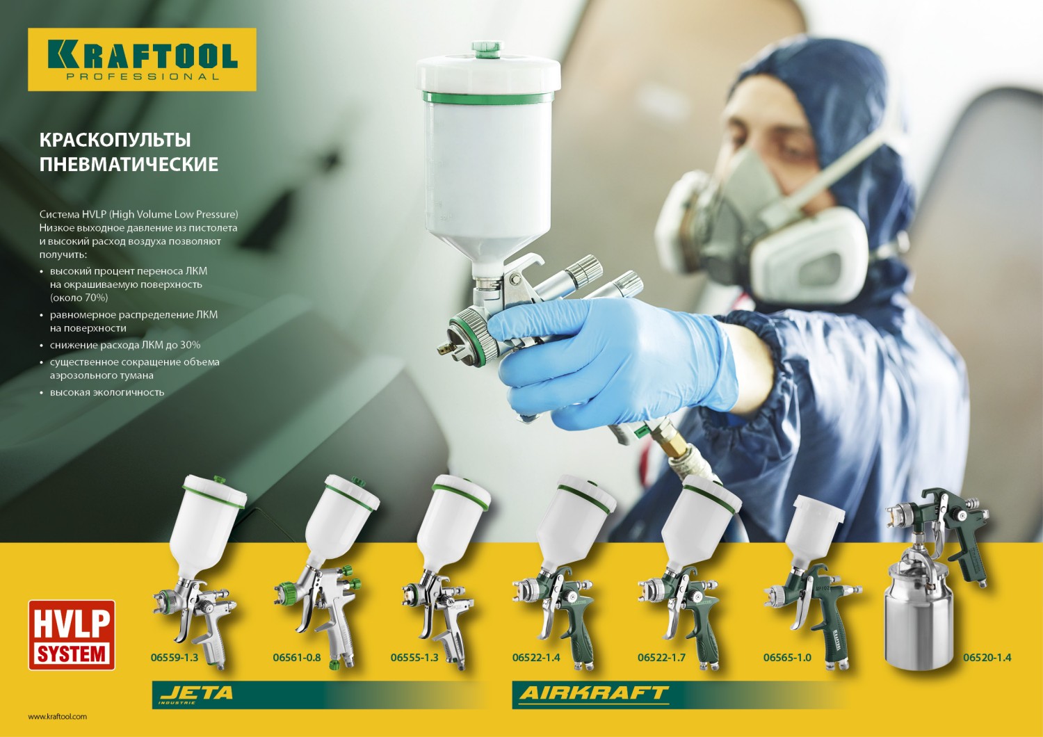 KRAFTOOL JETA 4000, HVLP, 1.3 мм, пневматический краскопульт с верхним бачком (06555-1.3)