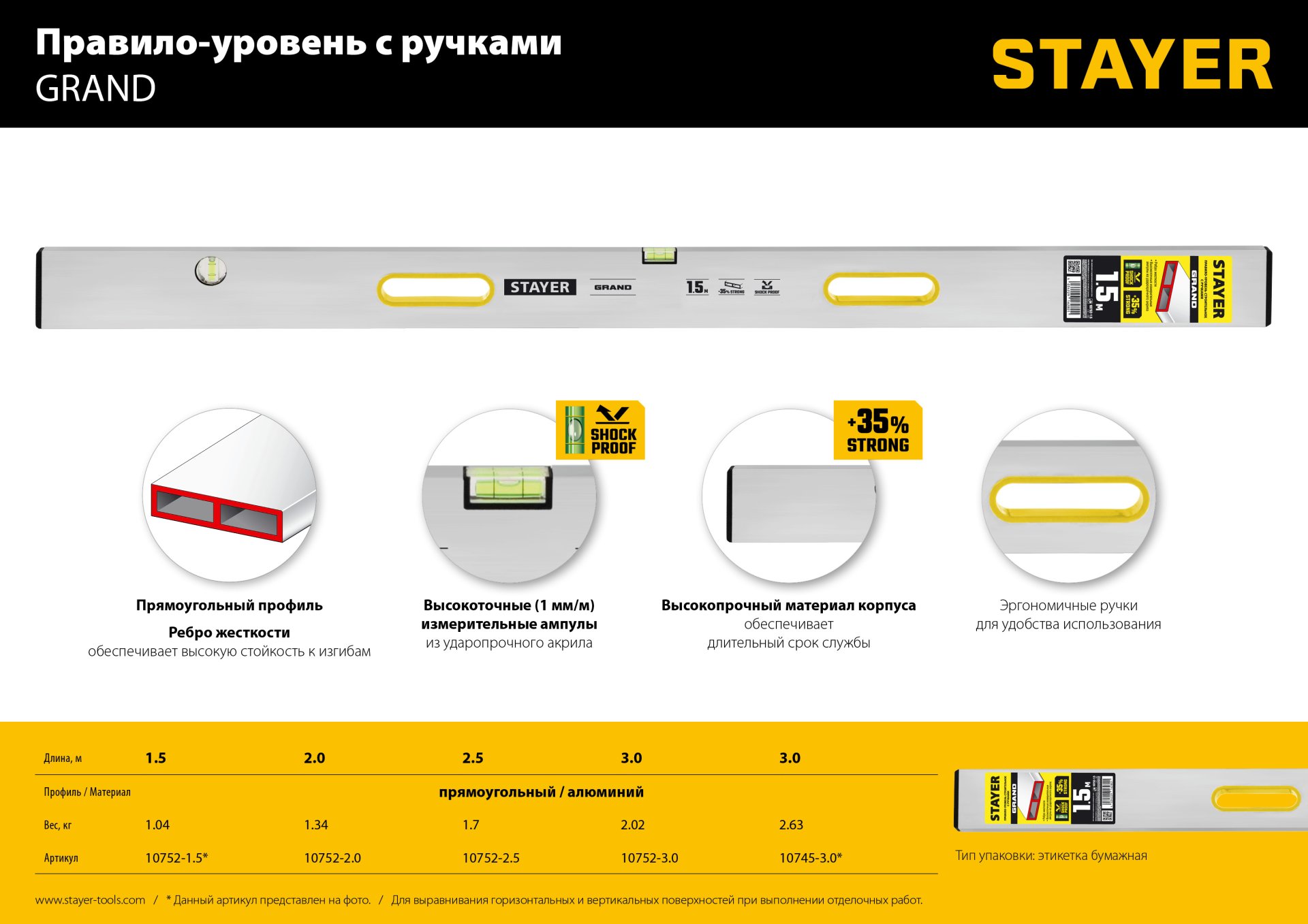 STAYER GRAND 3 м, точность 1 мм/м, 2 глазка, Правило с уровнем и ручками, (10752-3.0)