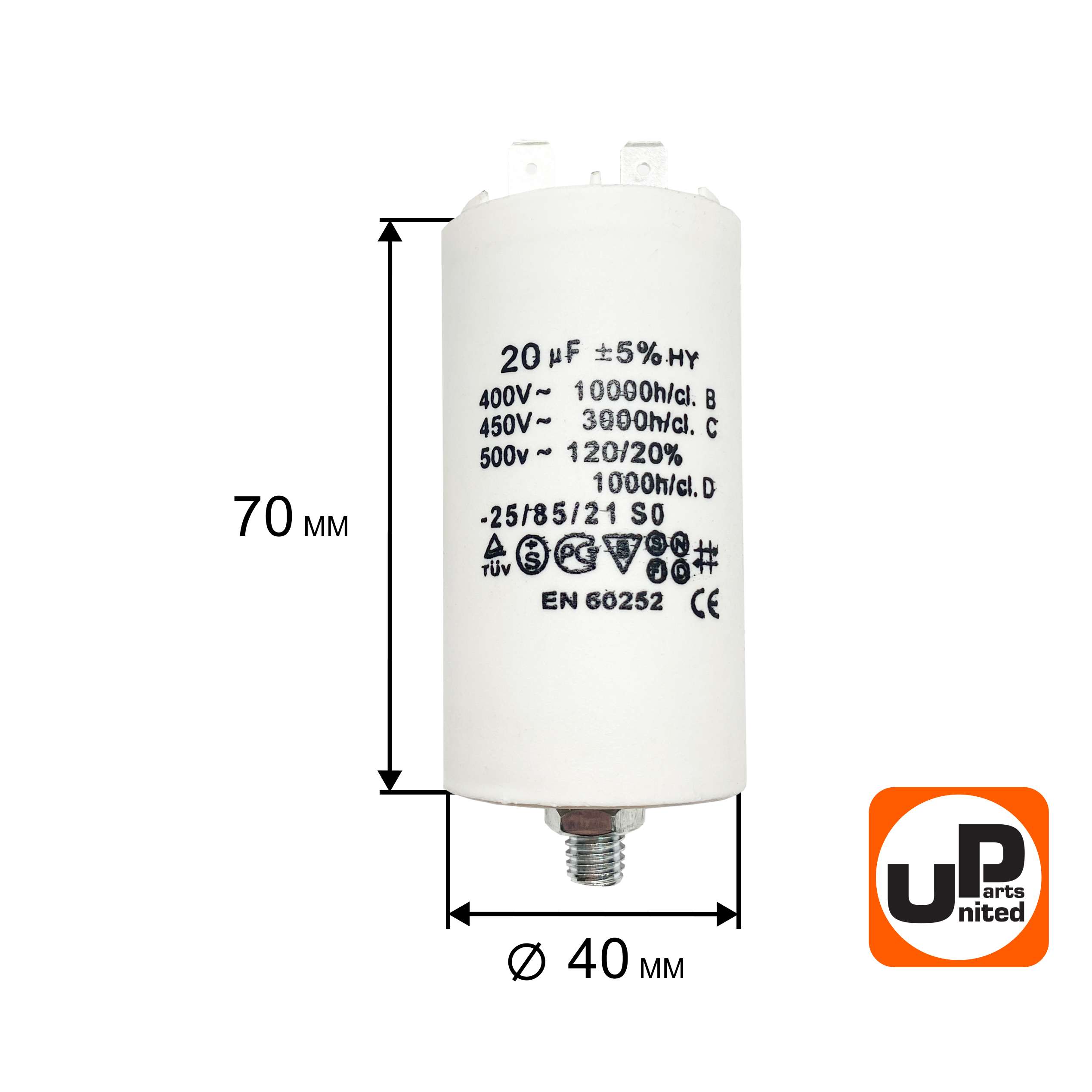 Конденсатор UNITED PARTS CBB60, 20 мкФ, 450В, 2 клеммы, шпилька M8 (90-0991), шт