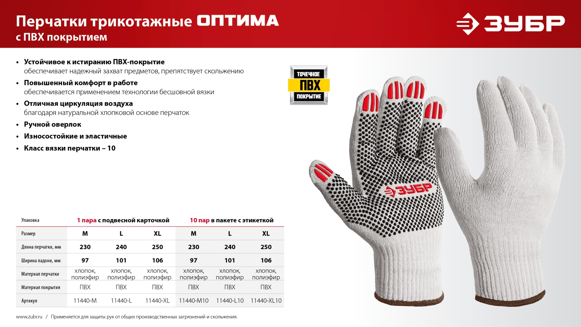 ЗУБР ОПТИМА, L (9), х/б перчатки с ПВХ покрытием (точка), 10 класс (11440-L)