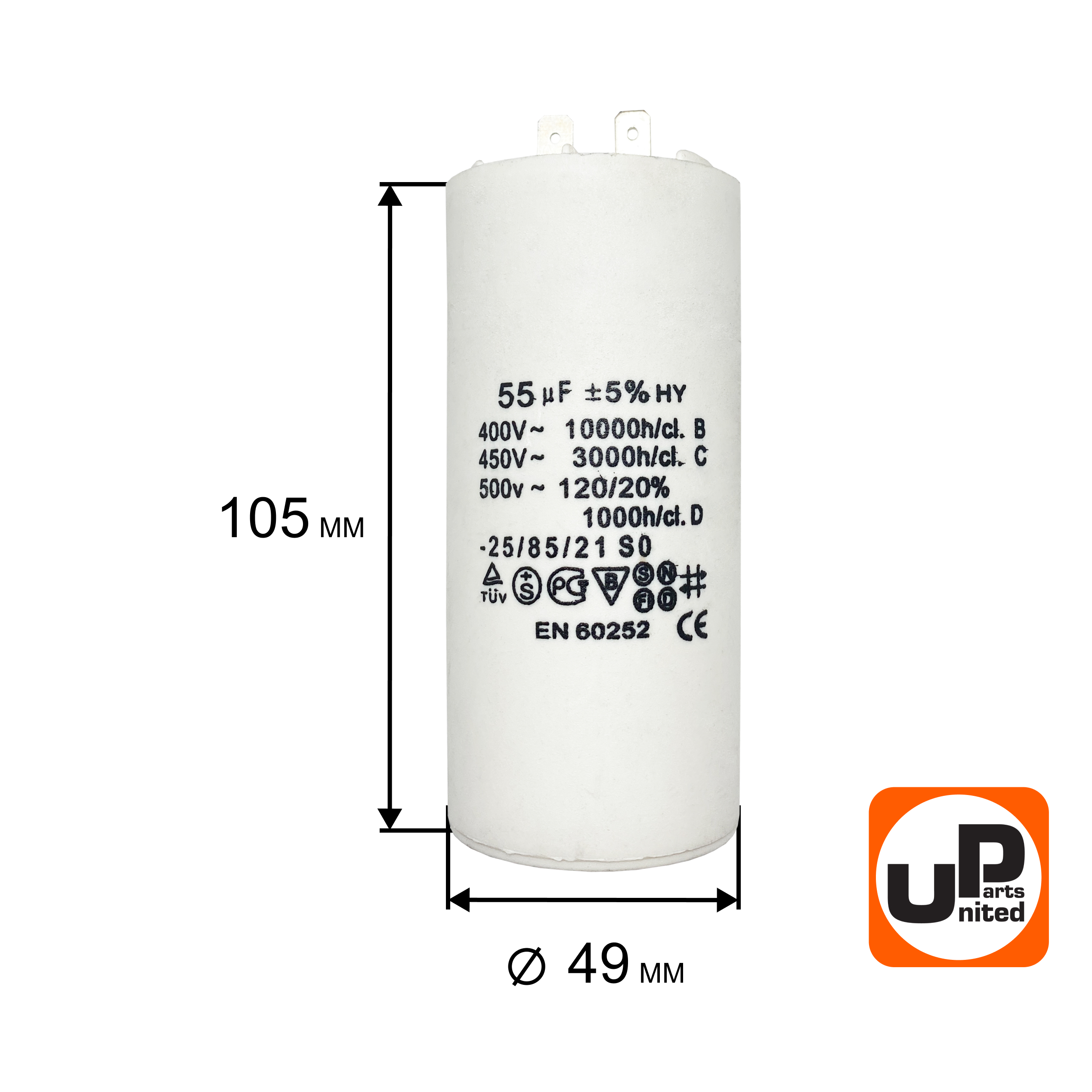 Конденсатор UNITED PARTS CBB60, 55 мкФ, 450В, 2 клеммы (90-0983), шт