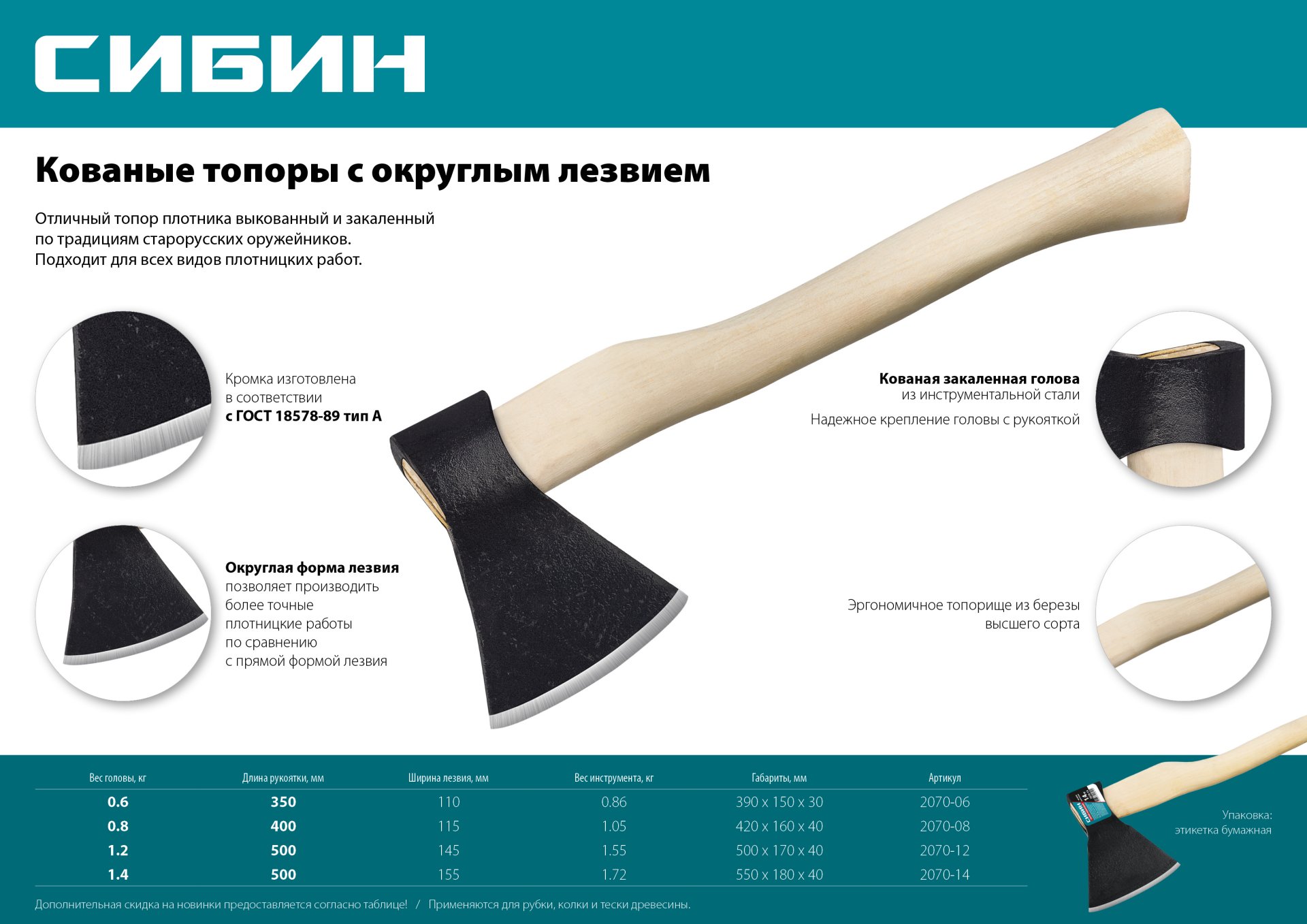 СИБИН А0-0.6, 600/850 г, 350 мм, кованый топор с округлым лезвием (2070-06)