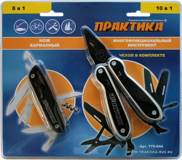 Мультитул ПРАКТИКА набор 2 штплоскогубцы 10 в1  + нож 8 в 1 складной, черные, в дисплее по 6 шт