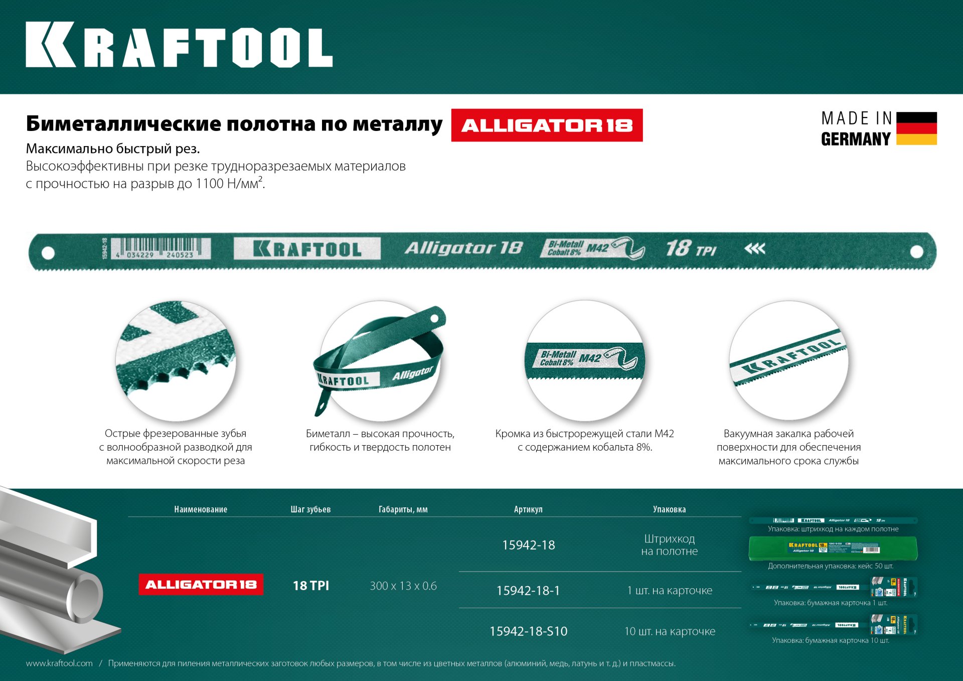 KRAFTOOL Alligator-18, 18 TPI, 300 мм, биметаллическое гибкое полотно по металлу (15942-18)