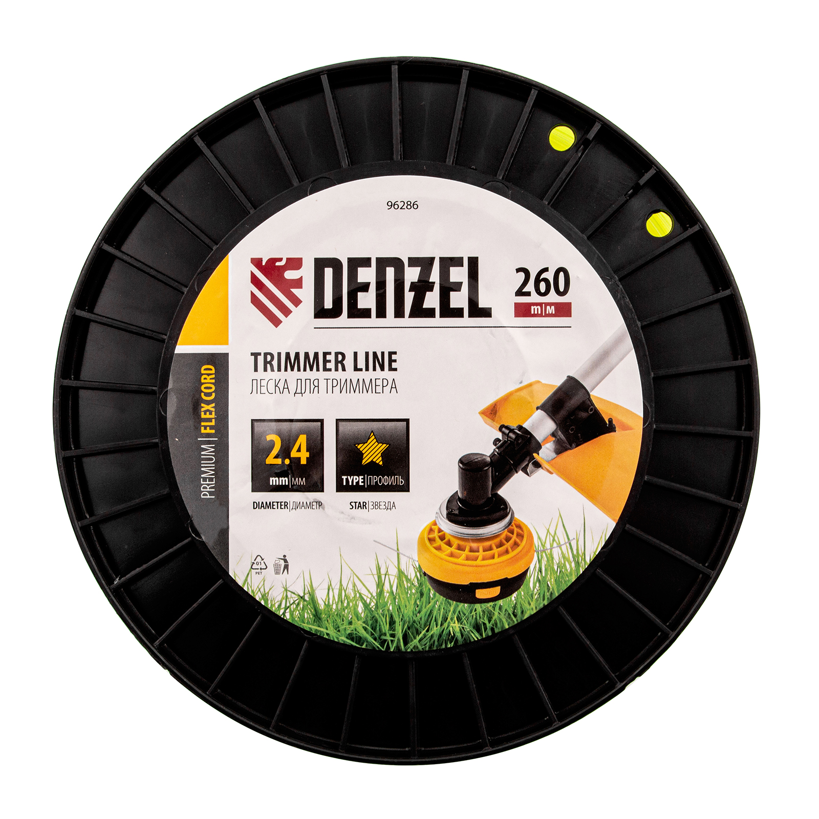 Леска для триммера звезда, 2,4мм х 260м, на DIN катушке FLEX CORD Denzel