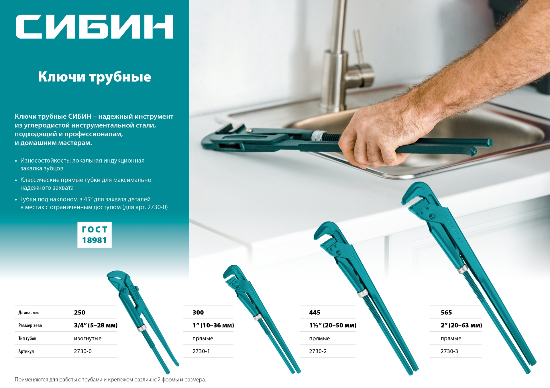 СИБИН №2, 1.5″, 445 мм, трубный ключ с прямыми губками (2730-2)