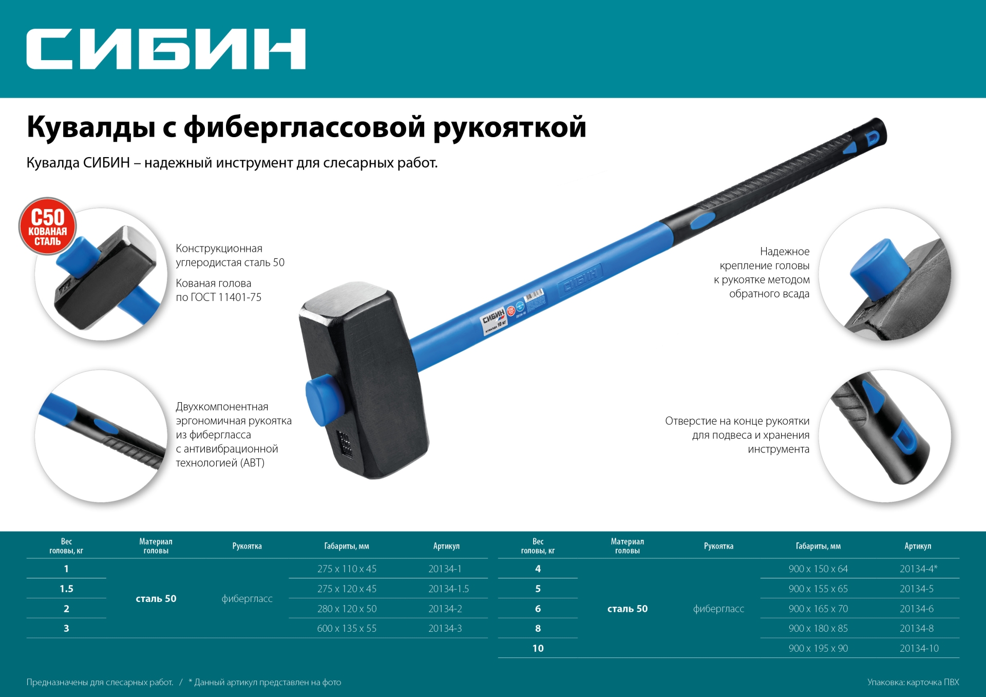 СИБИН 5 кг, кувалда с удлинённой фиберглассовой рукояткой (20134-5)