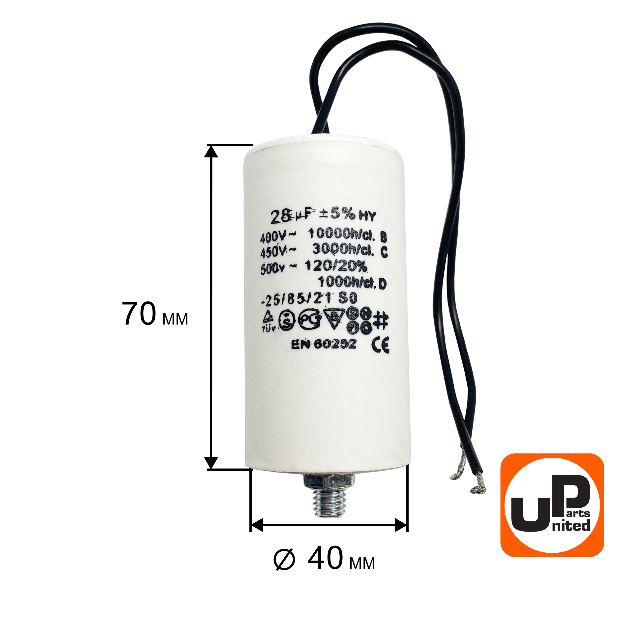 Конденсатор UNITED PARTS CBB60, 28 мкФ, 450В, гибкие выводы+шпилька (90-0334), шт