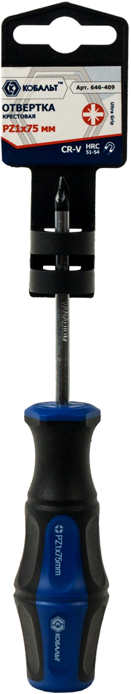 Отвёртка КОБАЛЬТ Ultra Grip PZ-1 х 75 ммCR-V, двухкомпонентная рукоятка (1 шт.) подвес