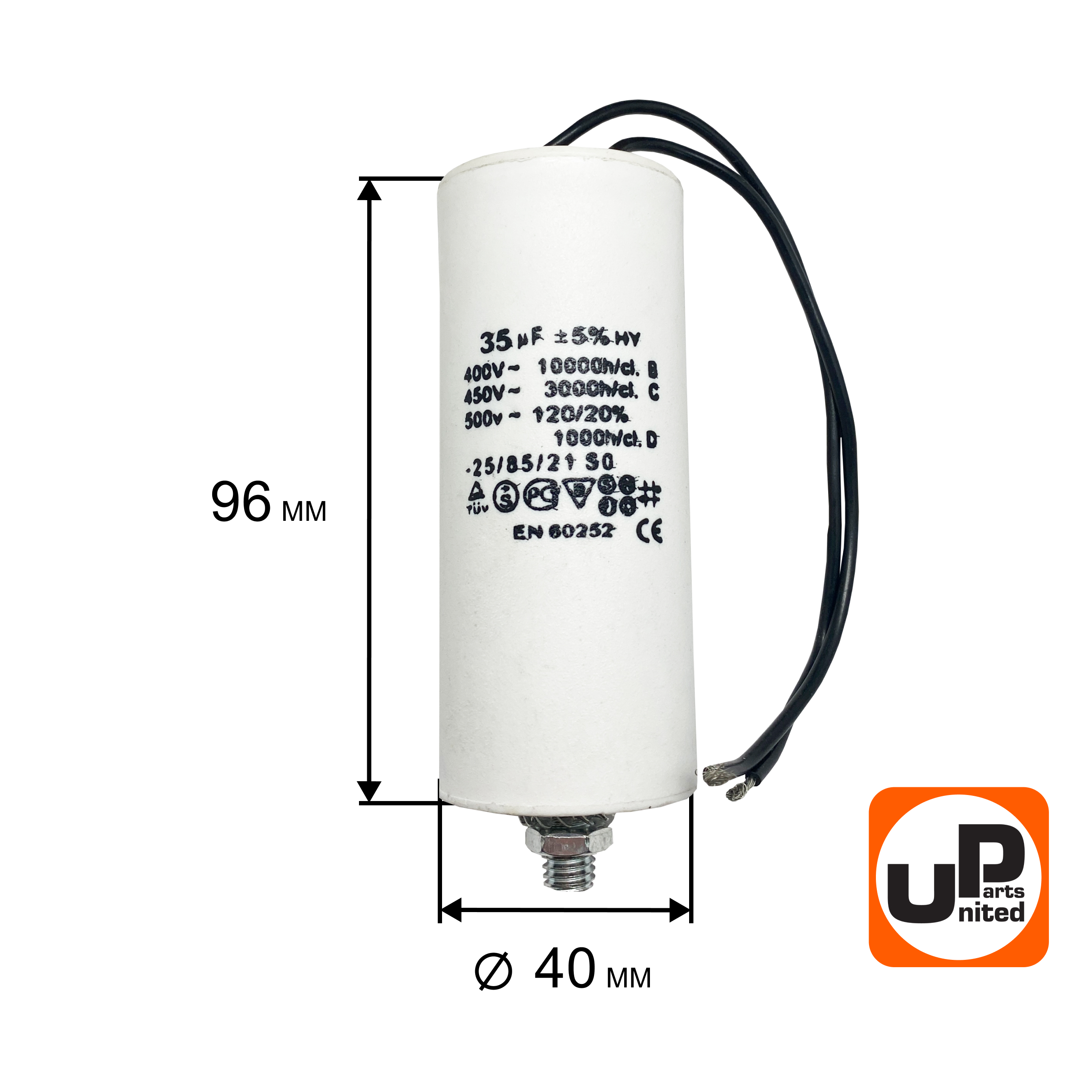 Конденсатор UNITED PARTS CBB60, 35 мкФ, 450В, гибкие выводы+шпилька (90-0336), шт