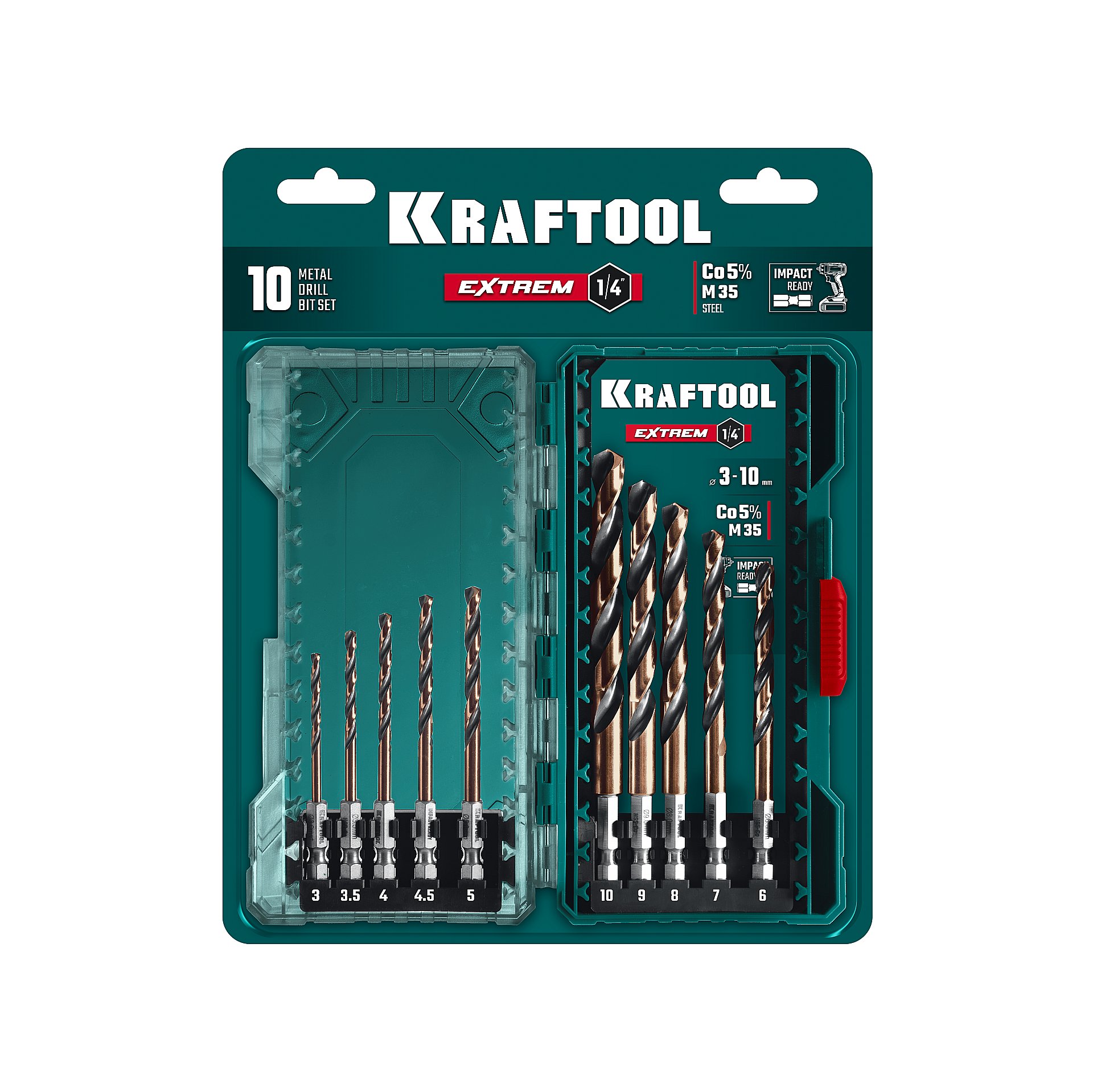 KRAFTOOL НЕХ-1/4″, 10 шт, набор сверл по металлу для винтовёртов и шуруповертов IMPACT READY (29652-H10)