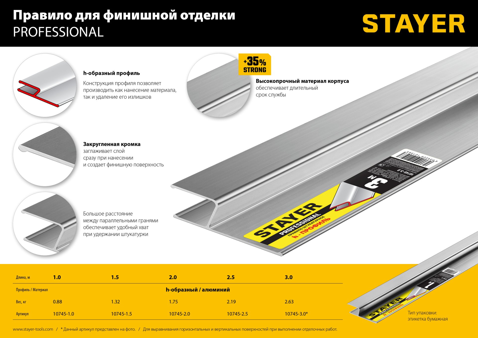 STAYER 2.5 м, Правило штукатурное, Professional (10745-2.5)