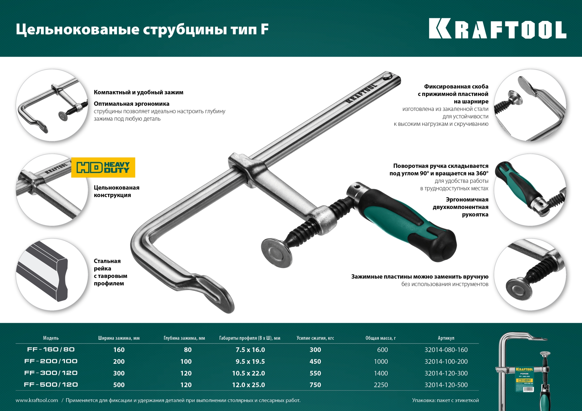 KRAFTOOL Forge FF-160/80, 80 х 160 мм, цельнокованая струбцина F (32014-080-160)