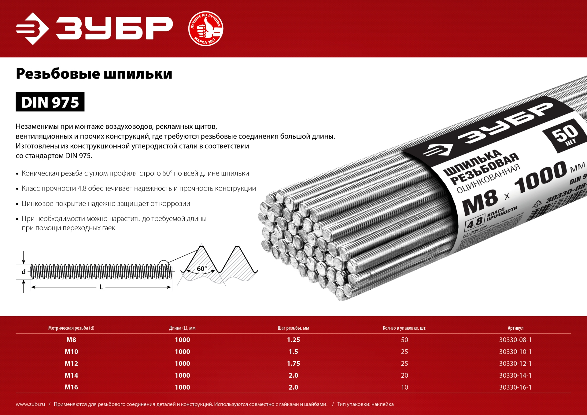 ЗУБР DIN 975, кл. пр. 4.8, М8 х 1000 мм, цинк, 50 шт, резьбовая шпилька (30330-08-1)
