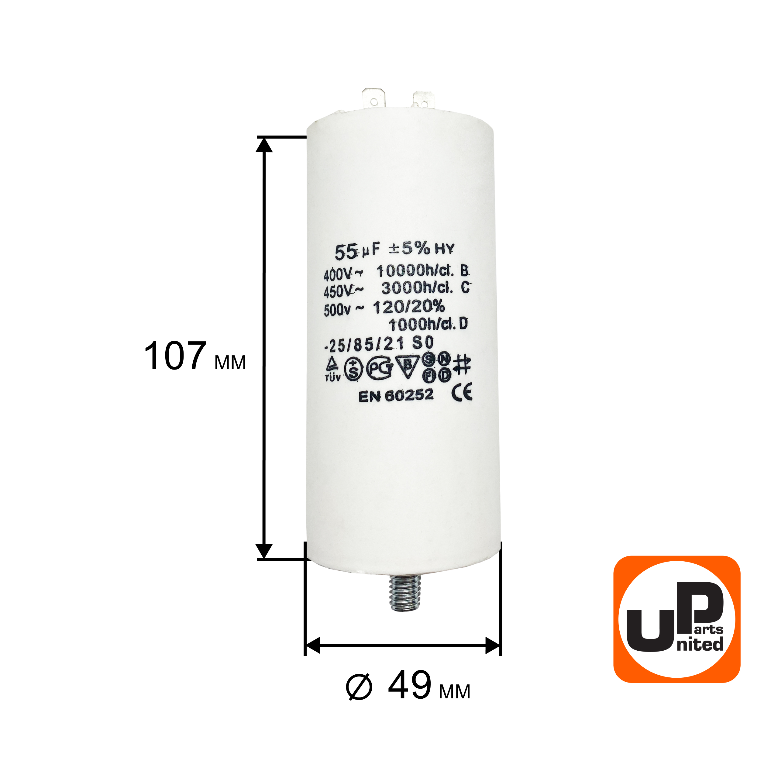 Конденсатор UNITED PARTS CBB60, 55 мкФ, 450В, 2 клеммы, шпилька M8 (90-0998), шт