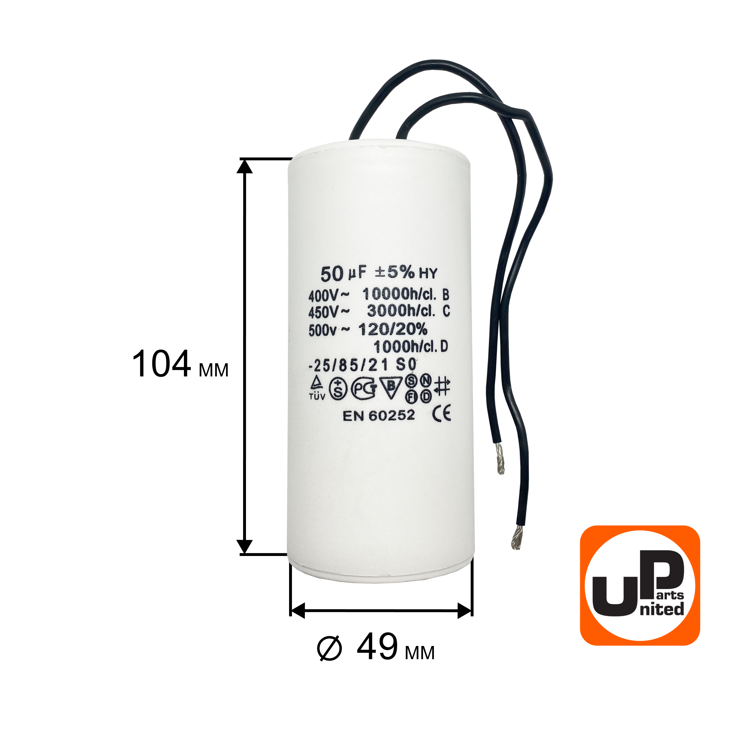 Конденсатор UNITED PARTS CBB60, 50 мкФ, 450В, гибкие выводы (90-0333), шт