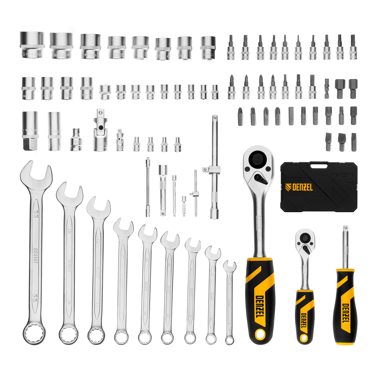 Набор инструментов, 1/2", 1/4", CrV, S2, пластиковый кейс, 82 предмета Denzel