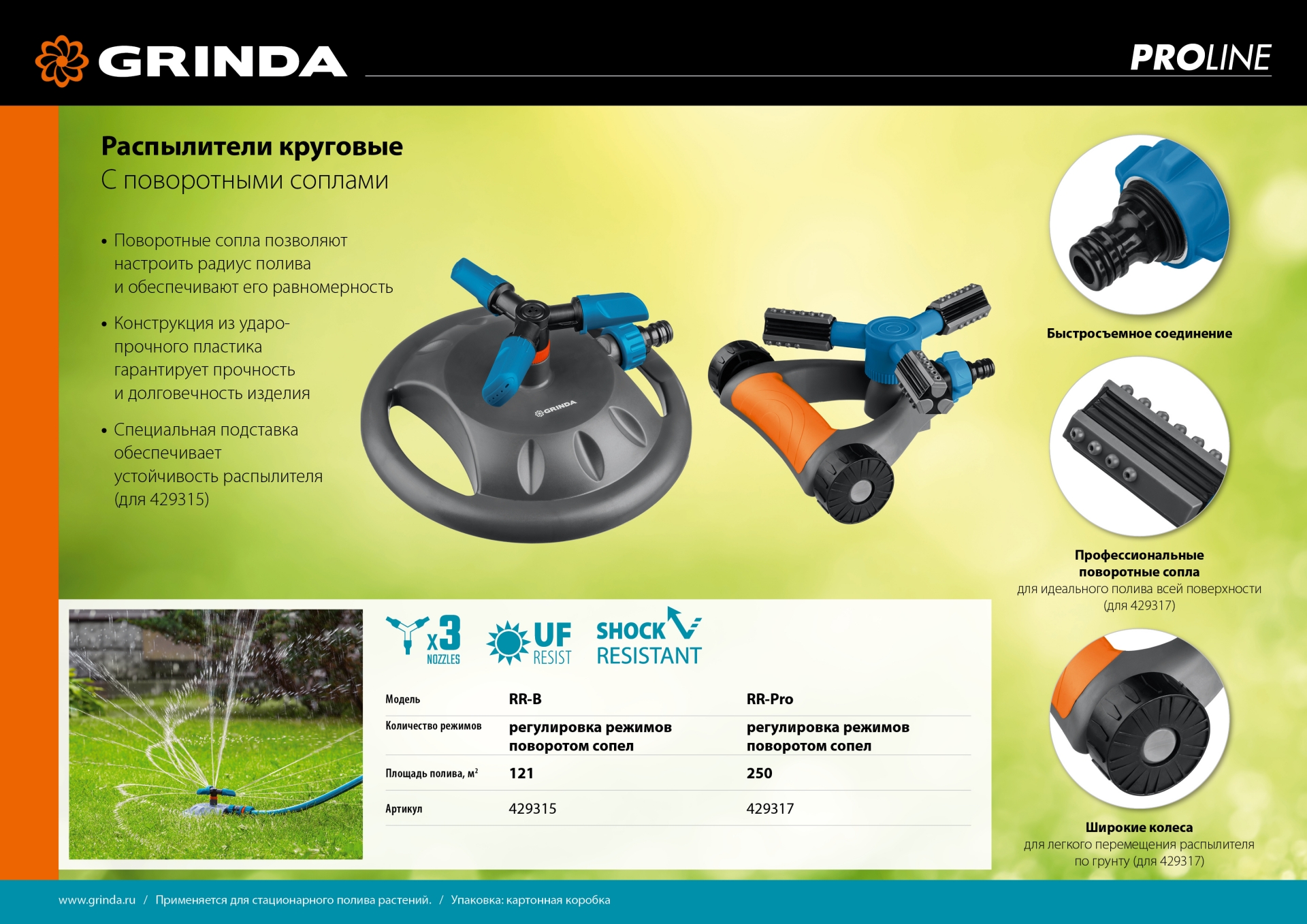 GRINDA RR-Pro, 3 сопла, на подставке с колёсиками, ударопрочный пластик, круговой распылитель, PROLine (429317)