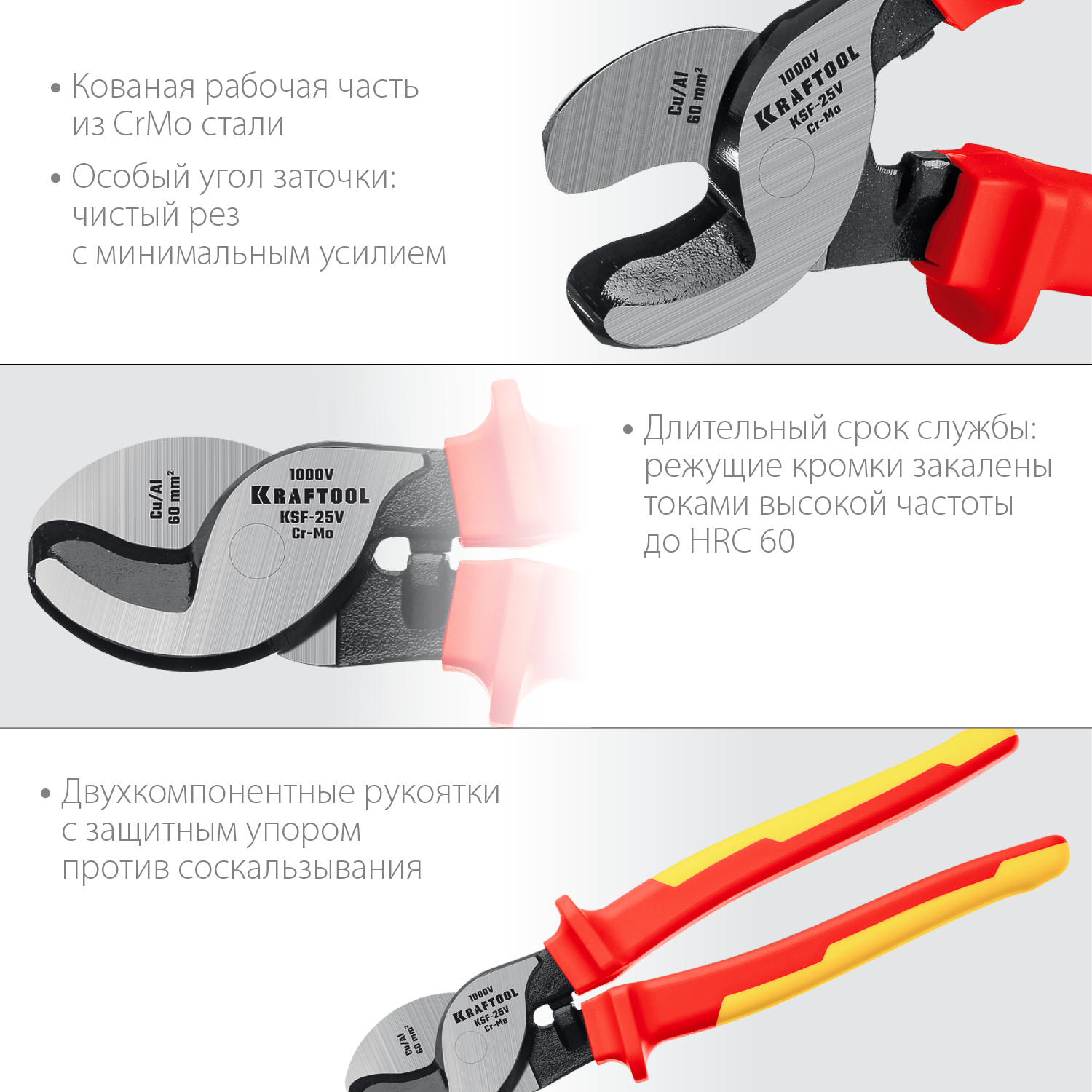 KRAFTOOL KSF-25V, d 13 мм, 250 мм, VDE, 1000 В, усиленный, диэлектрический кабелерез (23334-25V)
