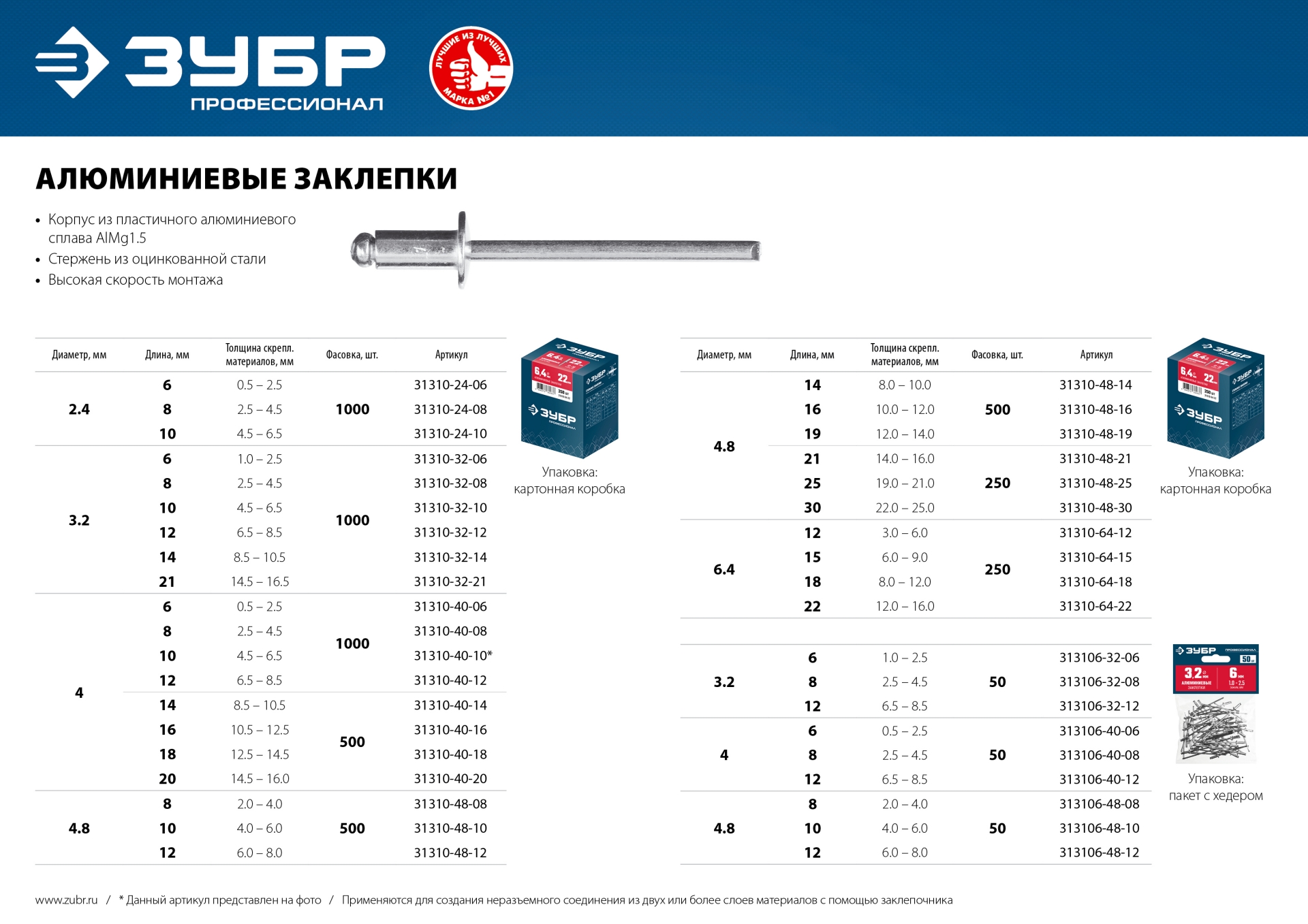 ЗУБР 4.0 x 8 мм, 50 шт, алюминиевые заклепки, Профессионал (313106-40-08)