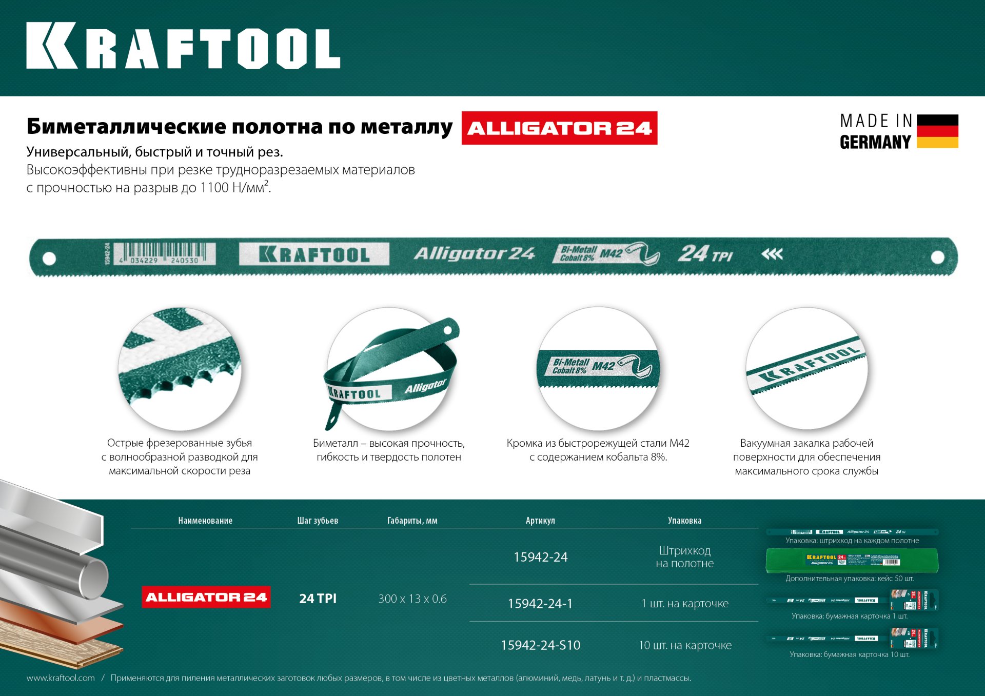 KRAFTOOL Alligator-24, 24 TPI, 300 мм, биметаллическое гибкое полотно по металлу (15942-24-1)