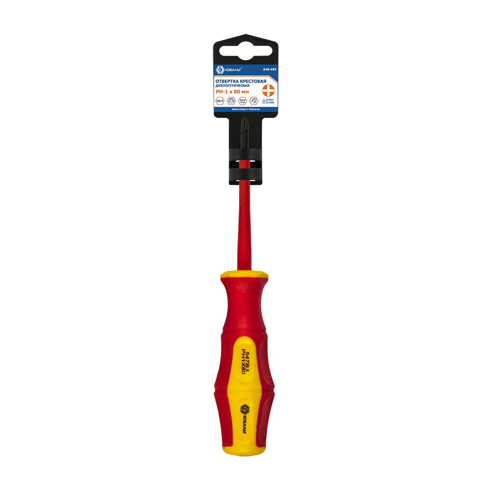 Отвертка диэлектрическая КОБАЛЬТ Ultra Grip PH-1 х 80 ммCR-V, двухкомпонентная рукоятка (1 шт.) подвес