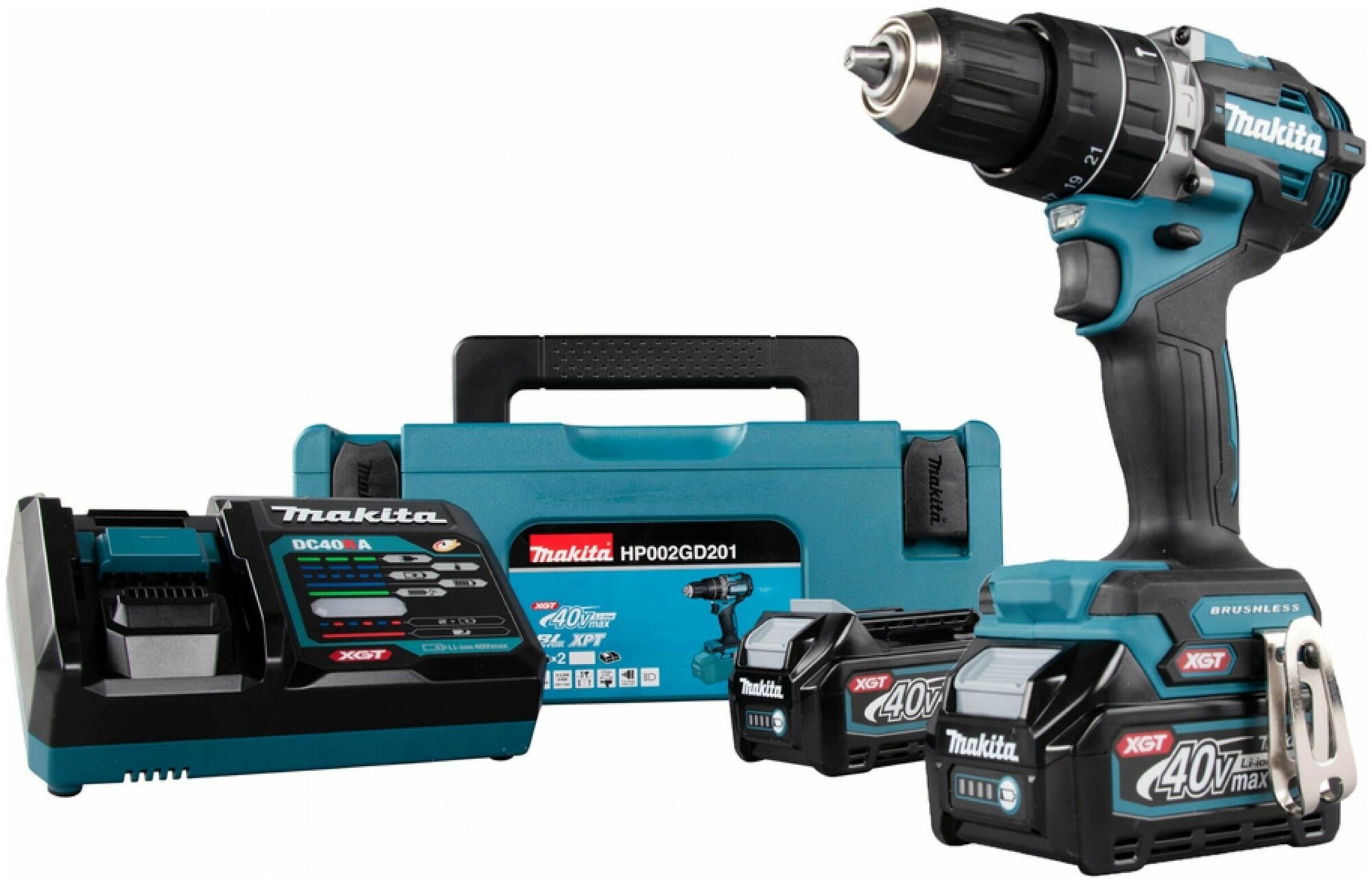 Дрель аккумуляторная ударная MAKITA HP002GD201 XGT BL 40В, 13мм, 65/30Нм (аккум. 2x2.5 Ач и быстрое з/у, кейс MAKPAC), шт