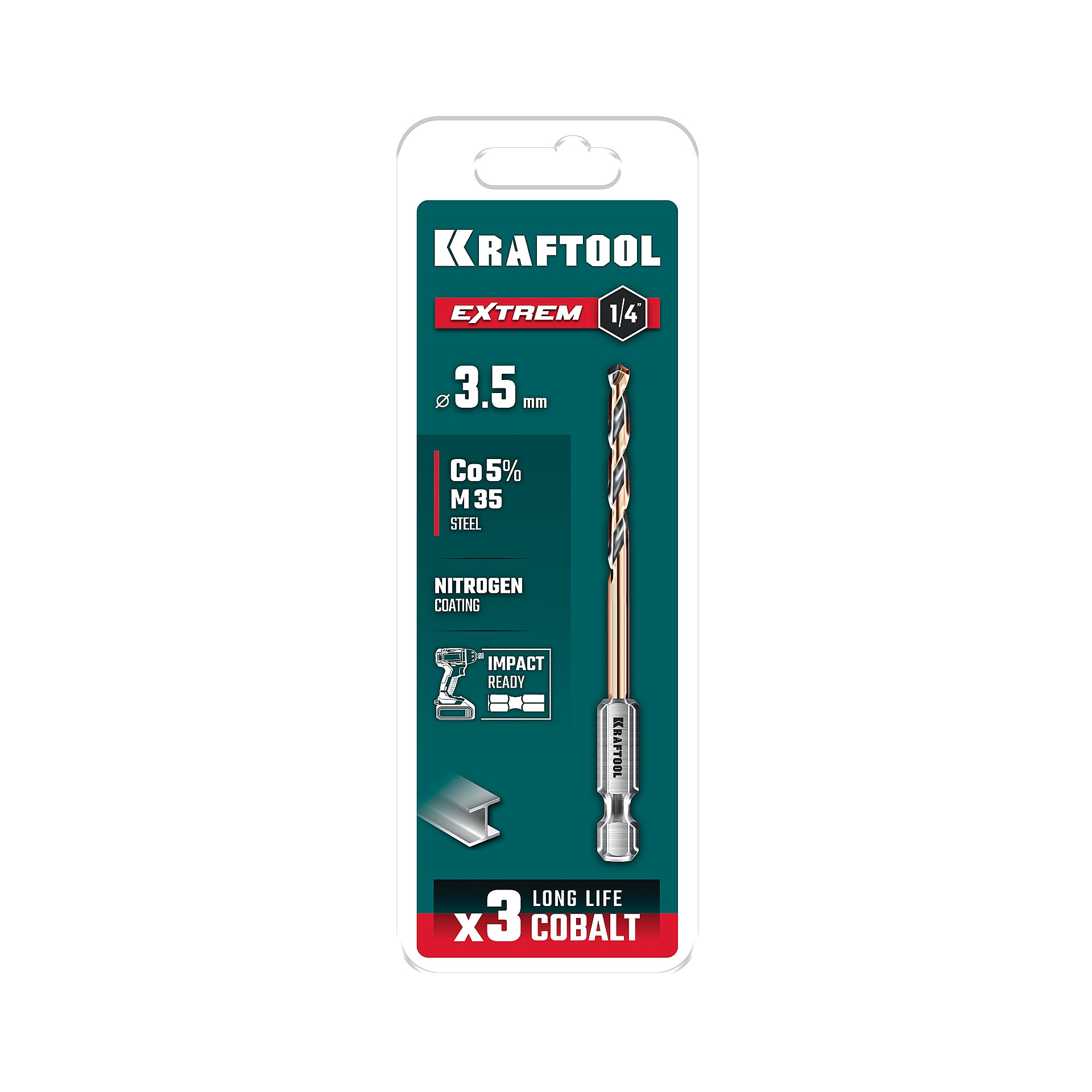 KRAFTOOL НЕХ-1/4″, d 3.5 х 79 мм, сверло по металлу для винтовёртов и шуруповертов IMPACT READY (29652-3.5)