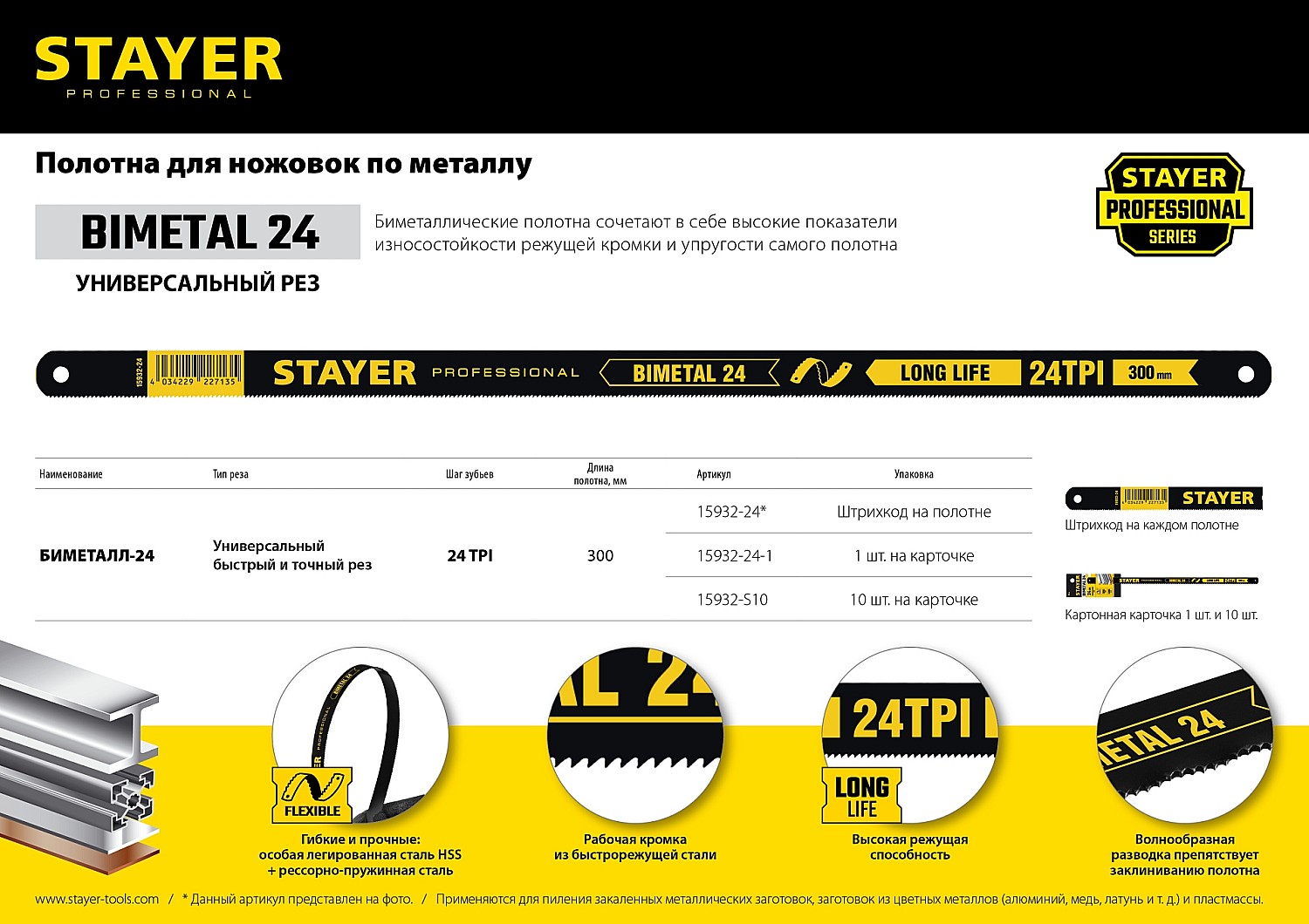 STAYER Bimetal-24, 24 TPI, 300 мм, 1 шт, биметаллическое полотно по металлу, Professional (15932-24)