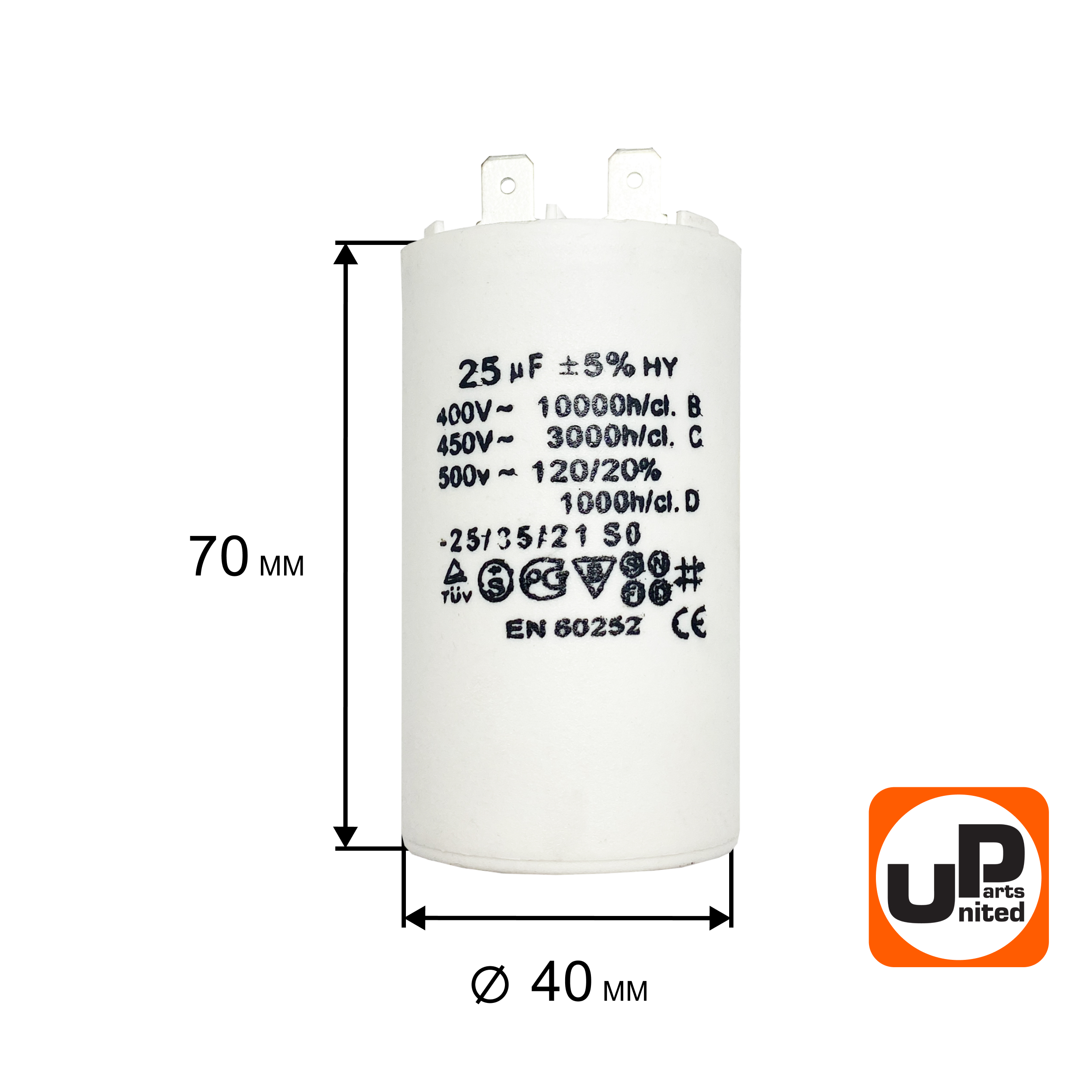 Конденсатор UNITED PARTS CBB60, 25 мкФ, 450В, 2 клеммы (90-0978), шт