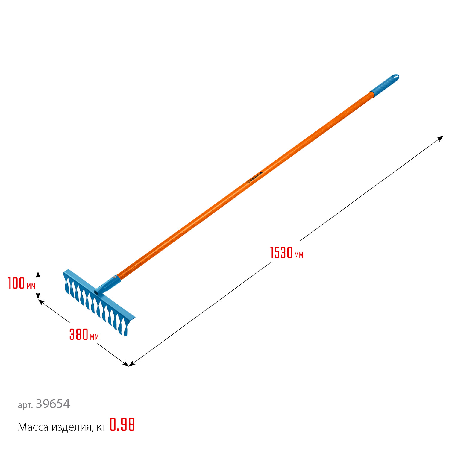 GRINDA PR-12T FIBER, 380 х 100 х 1530 мм, 12 витых зубцов, углеродистая сталь, фибергласовый черенок, садовые грабли, PROLine (39654)